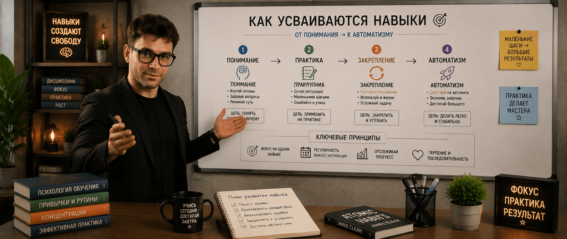 Тренер объясняет систему освоения новых навыков